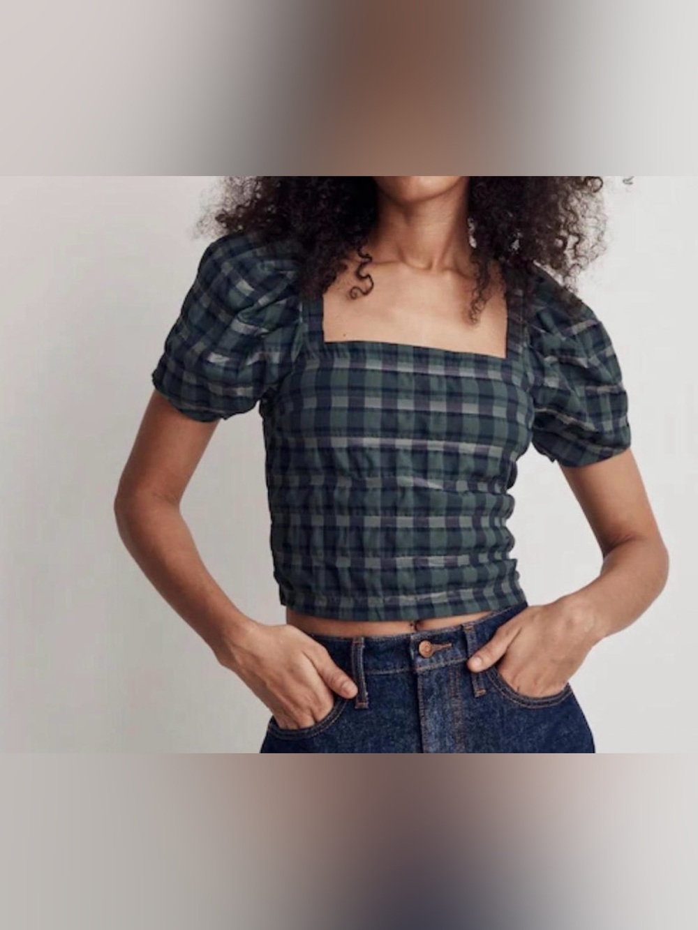 NWOT Madewell Hopewell puff-sleeve crop top plaid pattern Sz Lg